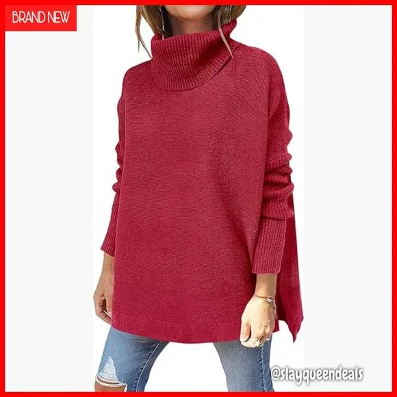 Oversized Turtleneck Batwing Sleeve Split Hem Knit Pullover Sweater Top