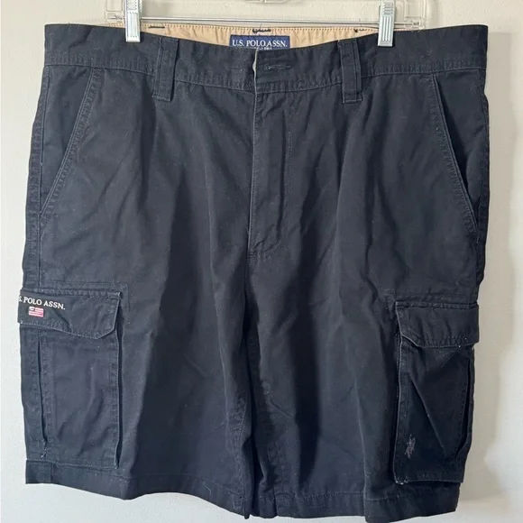 U.S. Polo Association Mens Cargo Shorts Size 38 Black Big Pockets 100% Cotton