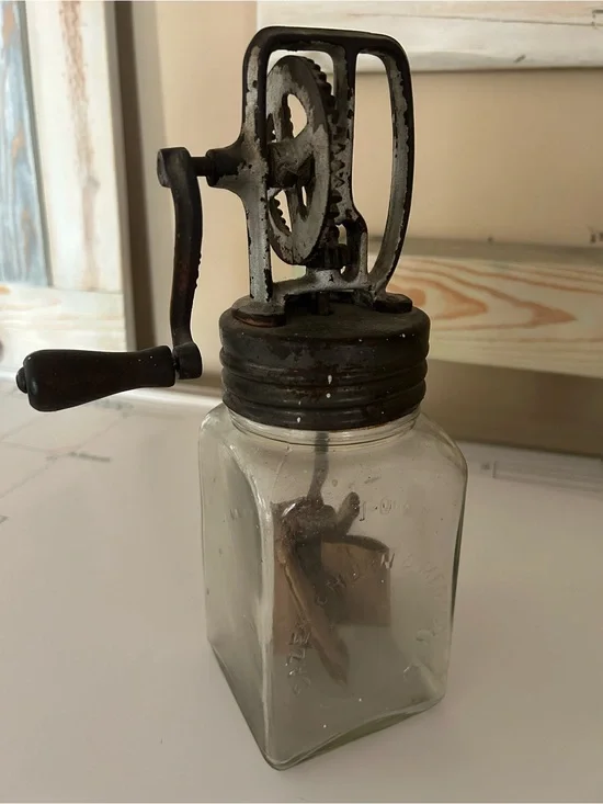 Hand-Crank Butter Churn Jar with Black Metal Top