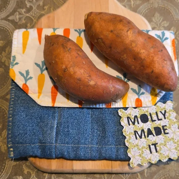 HAND CRAFTED Potato Pouch Microwave UPCYCLED Blue Denim Cotton Carrots 8.5 Inch