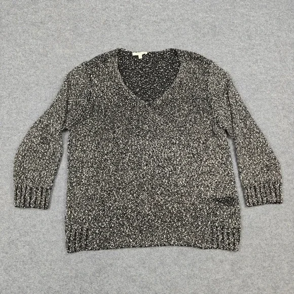 Eileen Fisher Sweater Womens Medium Black White 100% Cotton‎ V Neck Open Knit