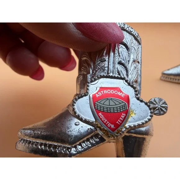 1960's Houston Astrodome Cowboy Boot Salt and Pepper Shakers Silver Texas Decor