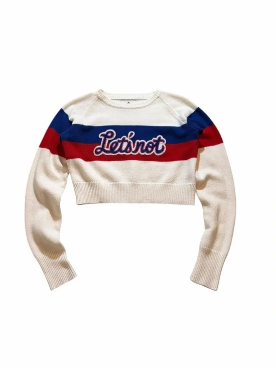 UNIF Womens Small Let's Not Varsity Cropped Sweater Red White Blue Acedemia