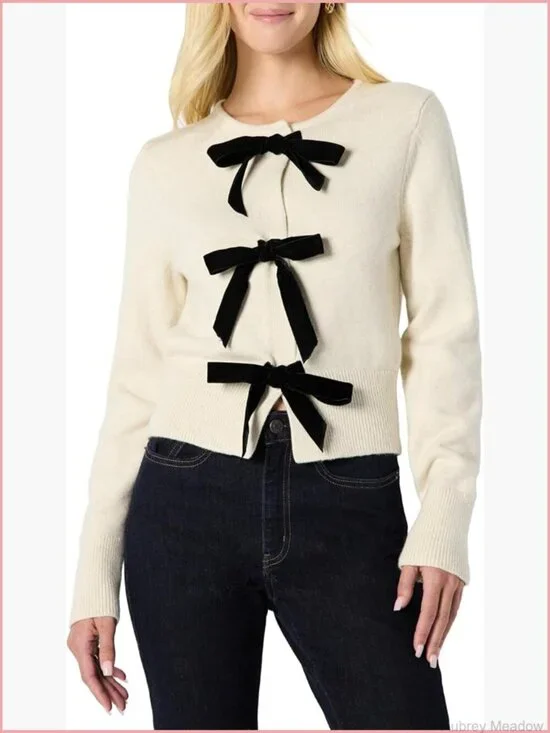 Regular-Fit Long-Sleeve Tie Front Cardigan with Bows