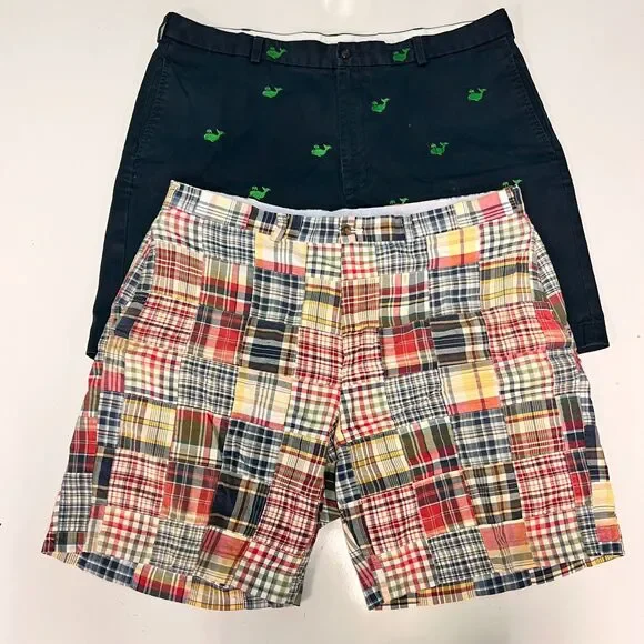 Brooks Brothers 346 Shorts Lot 2 Mens 42 Madras Plaid Navy Whale Cotton Prep