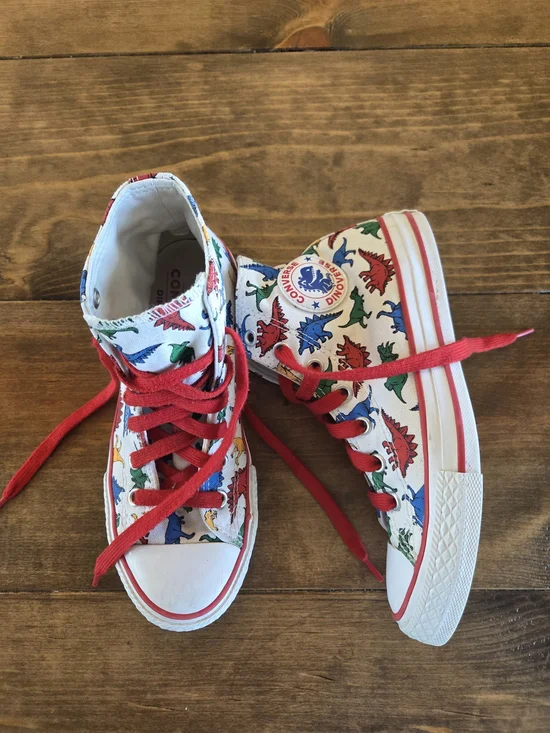 Converse White Kids High-Top Sneakers with Red, Blue & Green Dinosaur Print