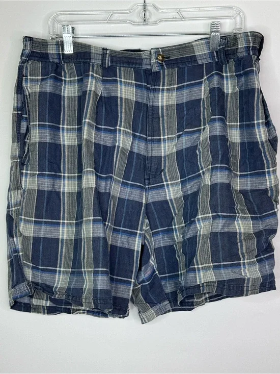Vintage Bugle Boy Blue Gray Plaid Cotton Shorts Size 36