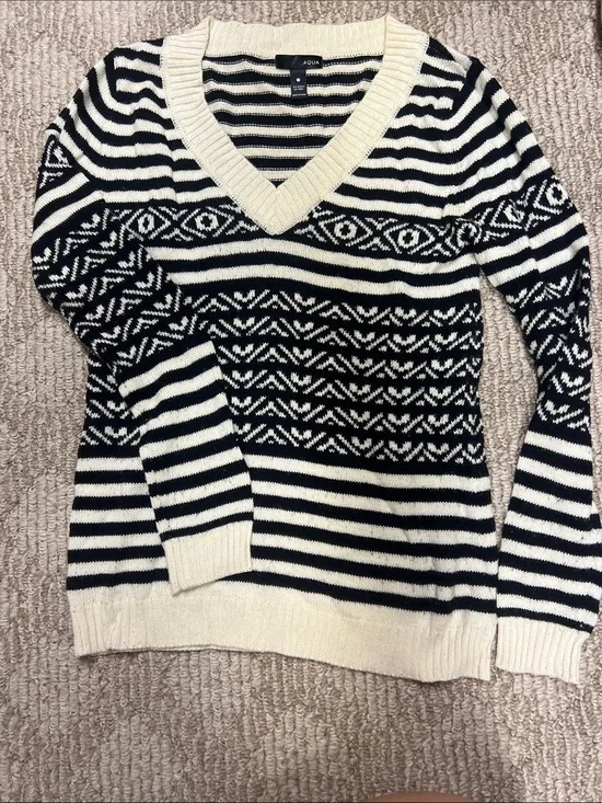 Aqua Black & Cream V-Neck Striped Fair Isle Sweater