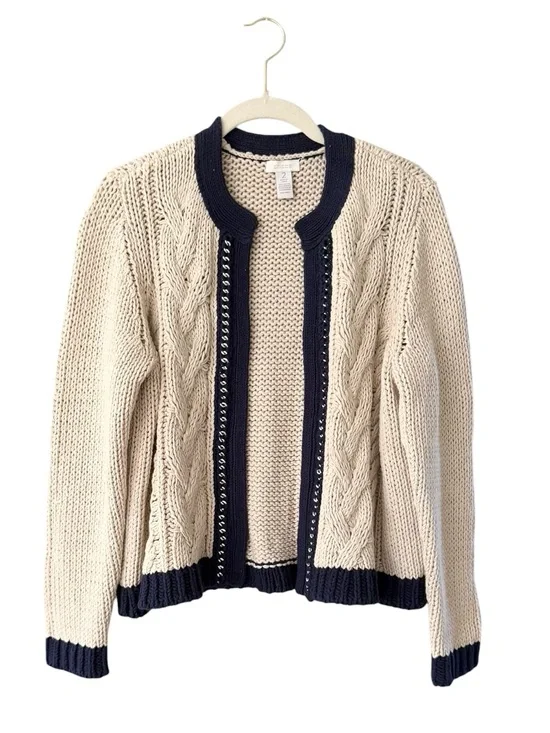 Women’s Cream Cable Knit Cardigan Sweater Size L Navy Blue Trim Classic Preppy