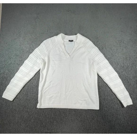 Talbots Petite White Pointelle Raglan Sleeve V-Neck Knit Sweater LP
