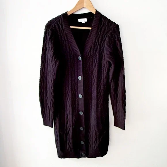 Denim & Co Cardigan Sweater Womens Medium Black Cable Knit Longline Fisherman