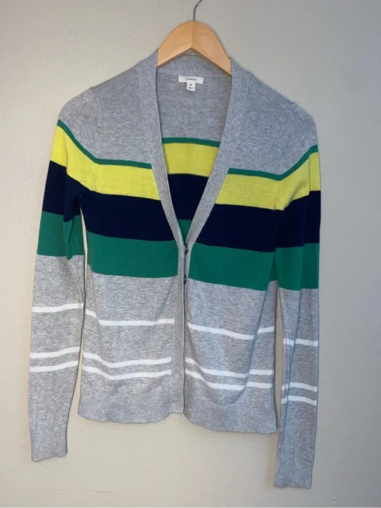 Caslon Striped 100% Cotton Button Front Cardigan Sweater Grey Yellow Green M