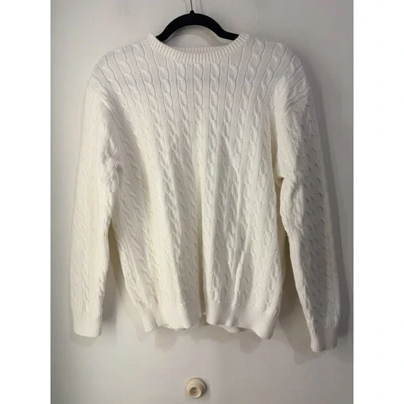 Brandy Melville White Cable Knit Sweater Large Cotton Blend Crew Neck