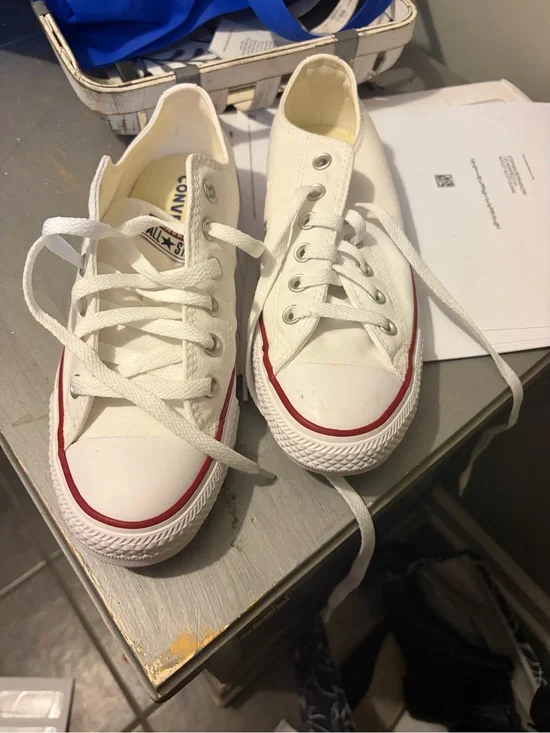 Converse White Kids Low-Top Canvas Sneakers with Red Stripe
