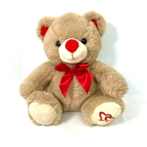 Tan Bear Plush‎ w/ Red Ribbon, Nose & Hearts on Paw