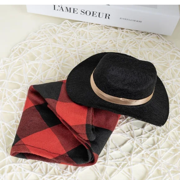 Black Cowboy Hat with Red Plaid Scarf for Dogs. NWT