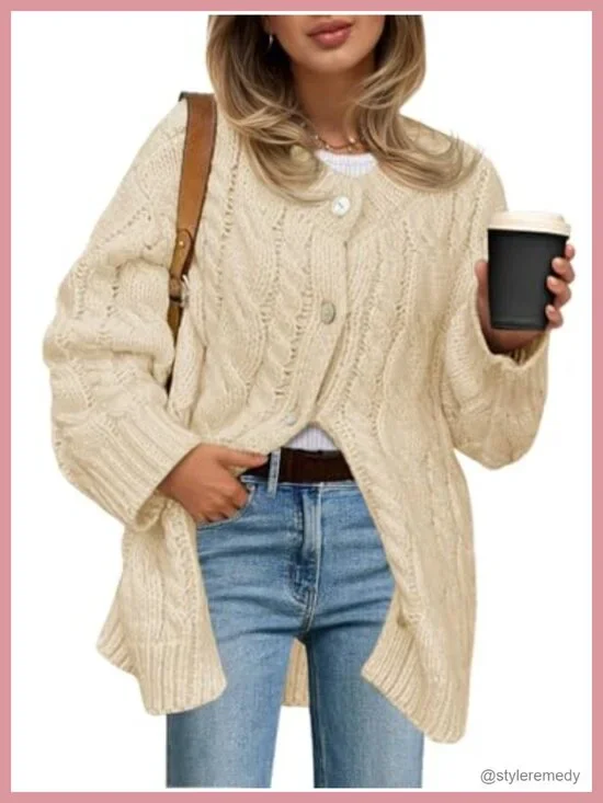 Chunky Cable Knit Cardigan Sweater Dress Button Up Long Sleeve Crew Neck Cozy