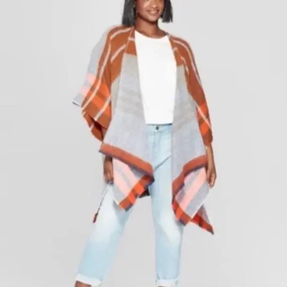 UNIVERSAL THREAD Women's Gray Orange Blue Plaid Poncho