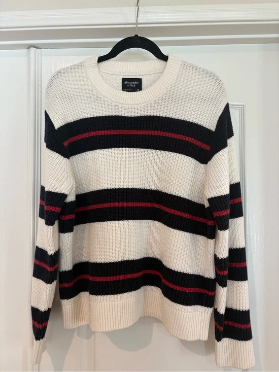 Abercrombie & Fitch Cream Crewneck Sweater with Black and Red Stripes