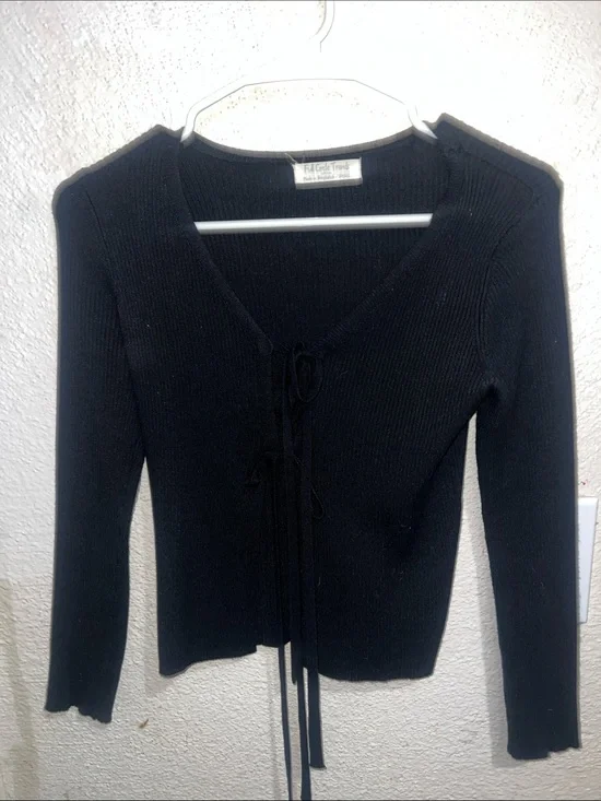 Black Ribbed Tie-Front Cardigan Sweater