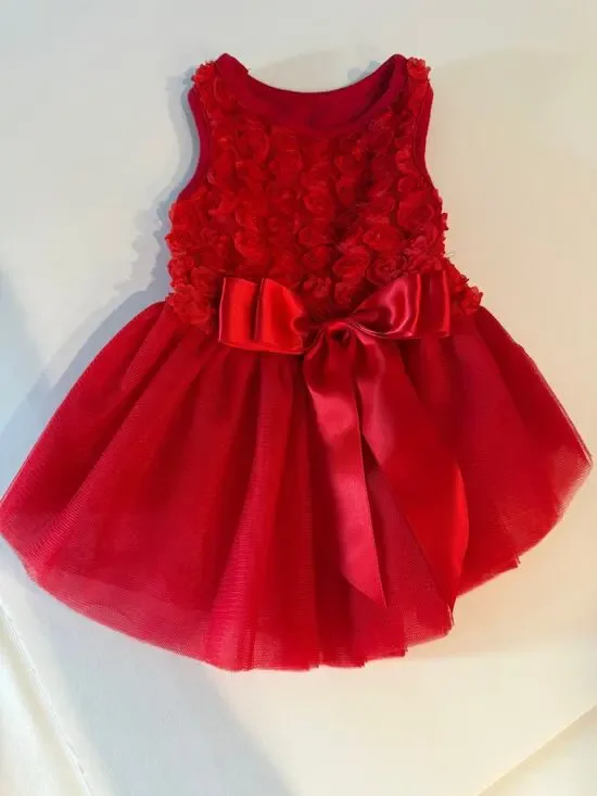 Red Tulle Dog Dress - Rosette Bodice & Satin Bow Size Medium