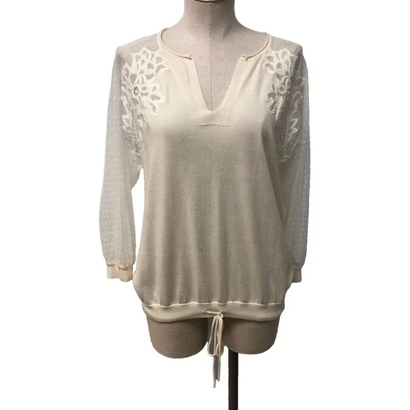 Chloe Sweater Jumper Womens Medium Milk White Lace 3/4 Sleeve Coquette Romantic‎