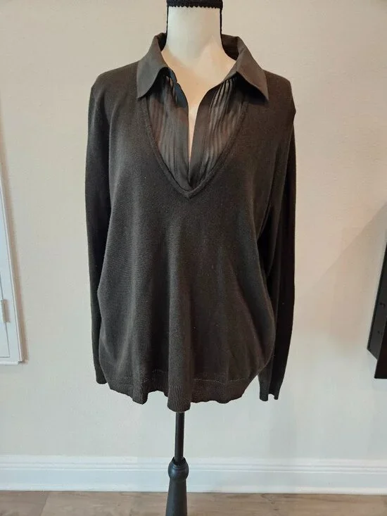 Lauren by Ralph Lauren XL Greenish Brown, Silk and cashmere Sweater