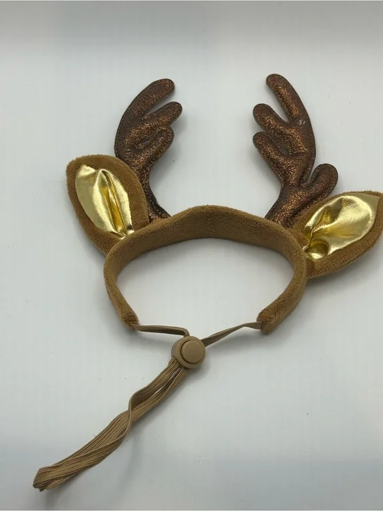 Dog Adjustable Reindeer Antler Headband with Gold Inner Ears