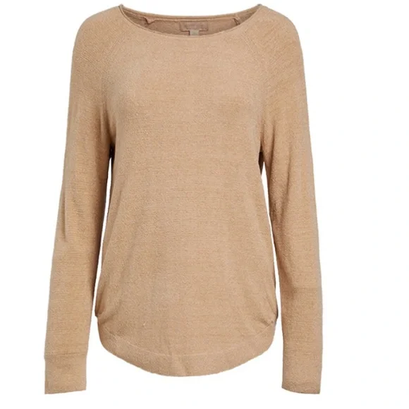 NWT (L) Barefoot Dreams Cozychic Ultra Lite Rolled Neck Shirttail Pullover-Camel