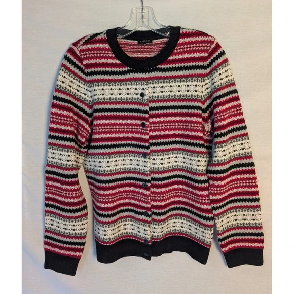 Talbots Fair Isle Lambswool Cardigan Sweater Women's Red Black Nordic Winter M