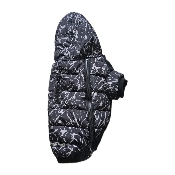 Canada Pooch Dog Puffer Jacket Size 14 Black Gray Marble Hooded Winter Coat
