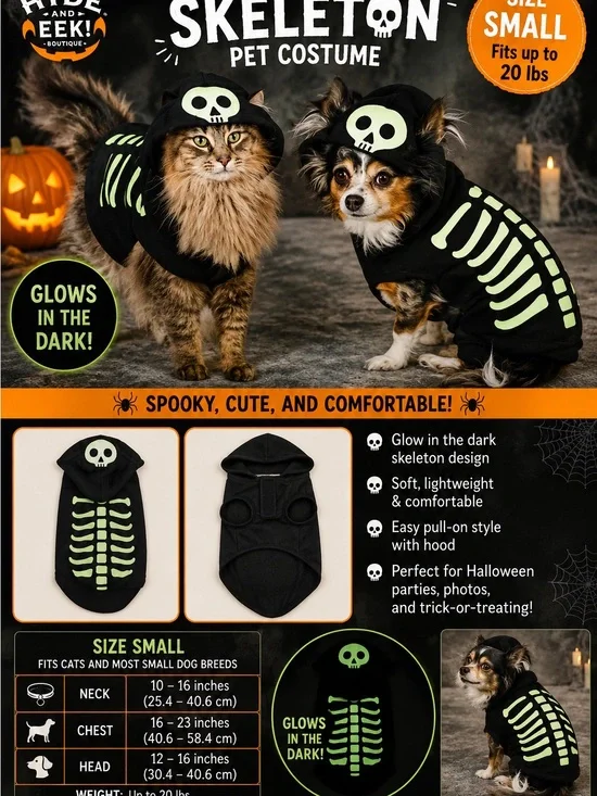 Hide & Eek! Glow-in-the-Dark Skeleton Pet Costume - Black - Small