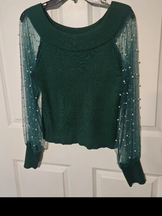 Cato Emerald Green Pearl-Accent Sheer Sleeve Sweater