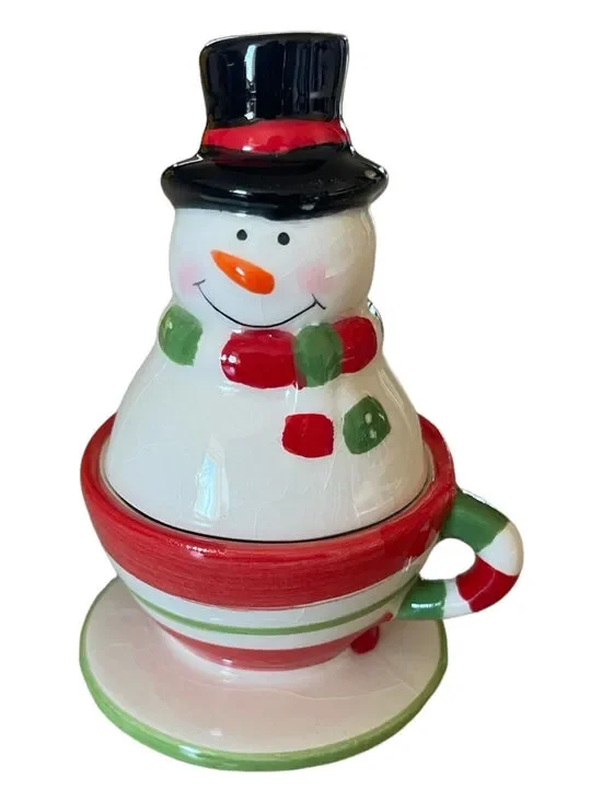 Snowman & Teacup Winter Christmas Transpac Designs Salt and Pepper Shakers 4 in