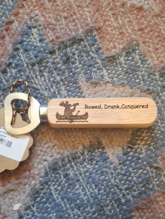 Engraved Wooden Bottle Opener - 'Rowed, Drank, Conquered' From Lake Arrowhead