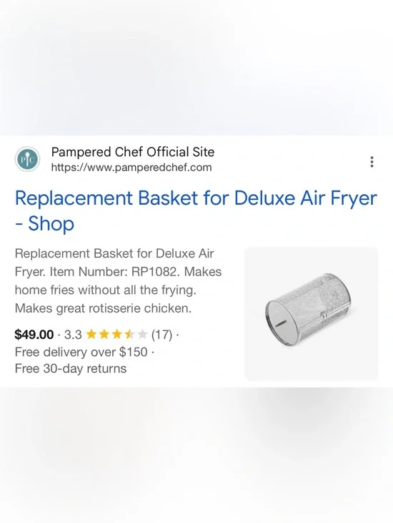 Pampered Chef Replacement Air Fryer Basket for Deluxe Air Fryer(item # RP1082