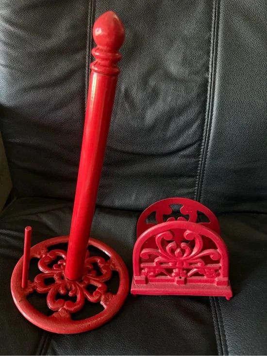 Decorative Red Cast Iron Kitchen Set - Paper Towel Holder & Napkin Holder