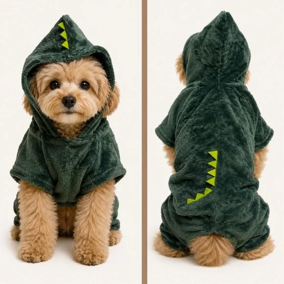 Dinosaur Pet Costume Dark‎ Green Plush Fleece Dog Pajamas XL