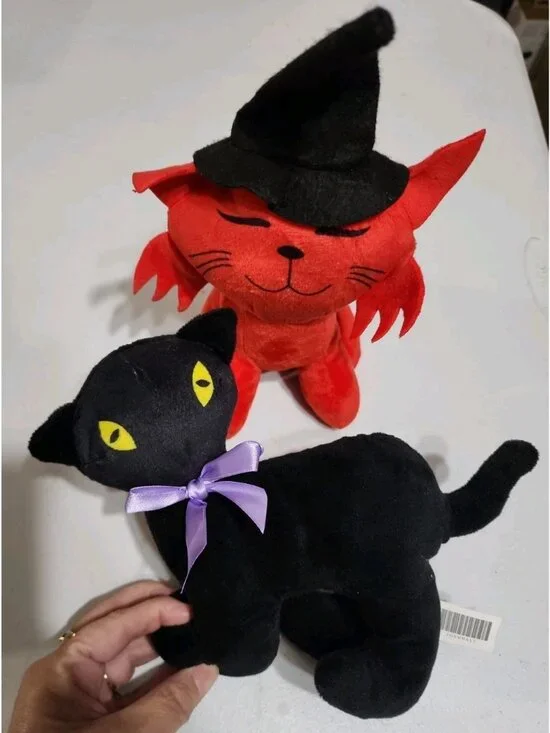 Black Cat Plush Halloween Arched Back Scary & Red Cat In Black‎ Witch Hat Smiley