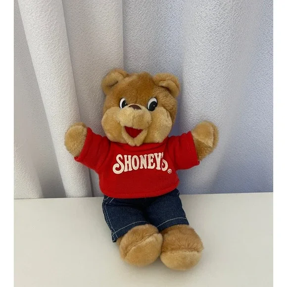 Shoneys Bear Plush Stuffed Animal Red Shirt Denim Overalls Vintage‎ Toy 1986