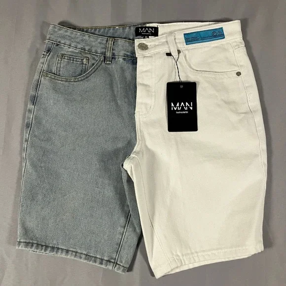 BoohooMAN Men's Size 30 Loose Fit Spliced Denim‎ Shorts Ice Blue