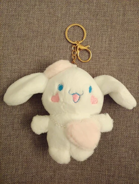 Cute White Plush Bunny Keychain with Pink Heart