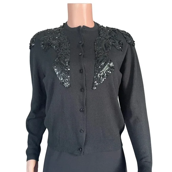 Pandora Black Beaded Sweater‎ Jacket M Vintage Look Gallery Chic Statement Layer