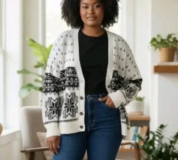 LANE BRYANT WOMENS CARDIGAN SWEATER FAIR ISLE BEIGE WESTERN BOHO PLUS 22 24 2XL