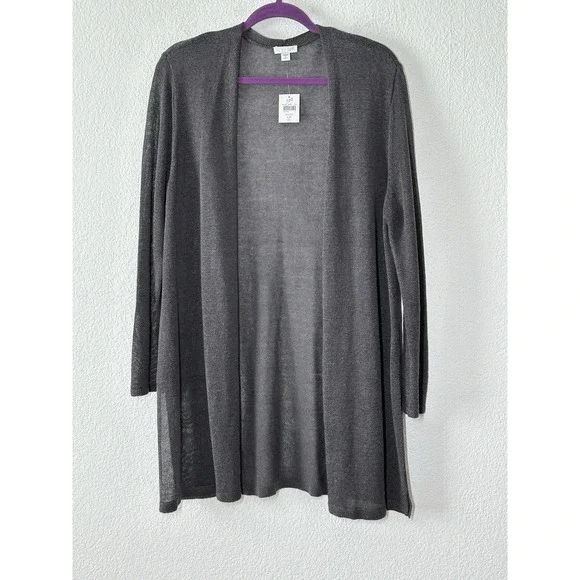 NWT J Jill Petite PL Linen Blend‎ Duster Cardigan Open Knit Lightweight Gray