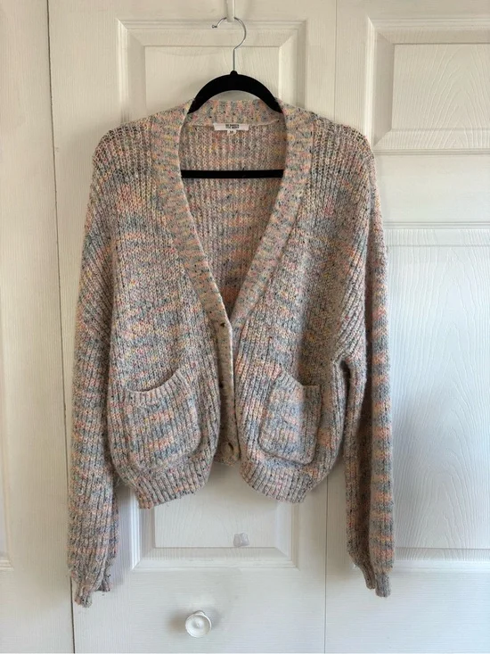 BB Dakota Ivory Pink Blue V-Neck Chunky Knit Ribbed Cardigan Academia Teacher M‎