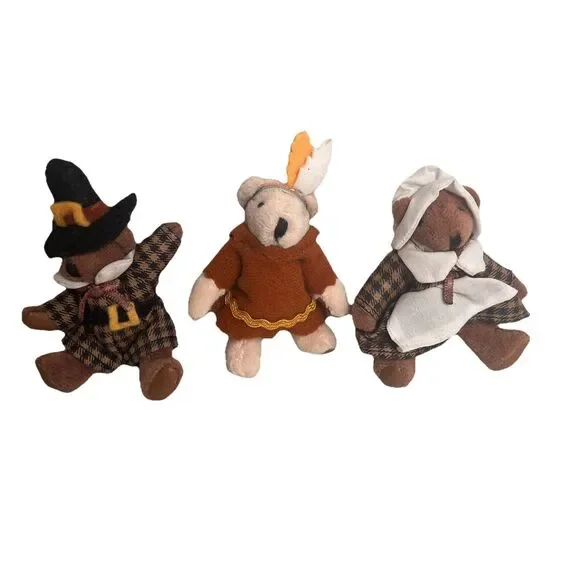 Russ Berrie Thanksgiving Mini Teddy Bears Pilgrim Indian Vintage Tiny Town 3
