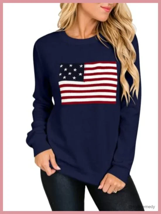 Womens American Flag Knit Sweater Long Sleeve Crew Neck Pullover Patriotic USA
