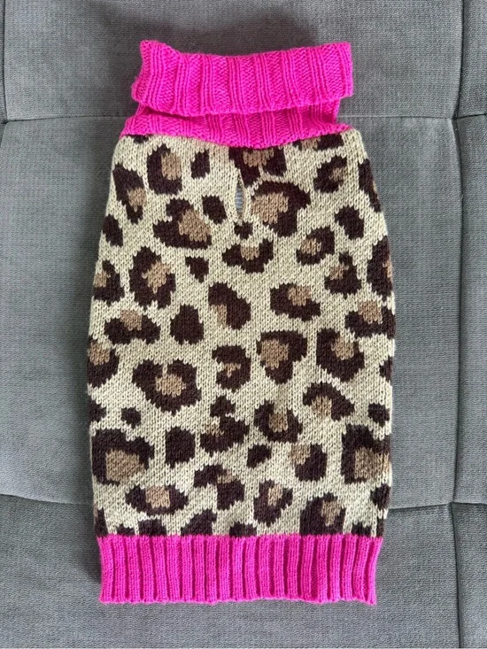 Leopard Print Dog Sweater with Fuchsia Accents, Size Small