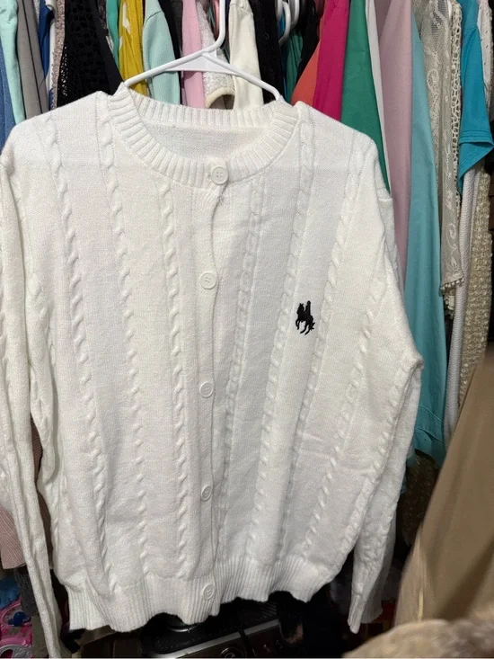 Men's White Cable Knit Button-Front Sweater with Polo Player Embroidery